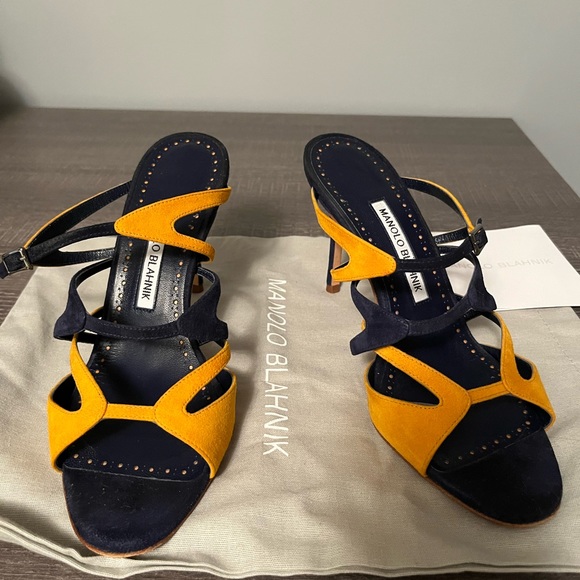 Manolo Blahnik strappy navy and mustard beautiful sandals size 38 - Picture 2 of 6